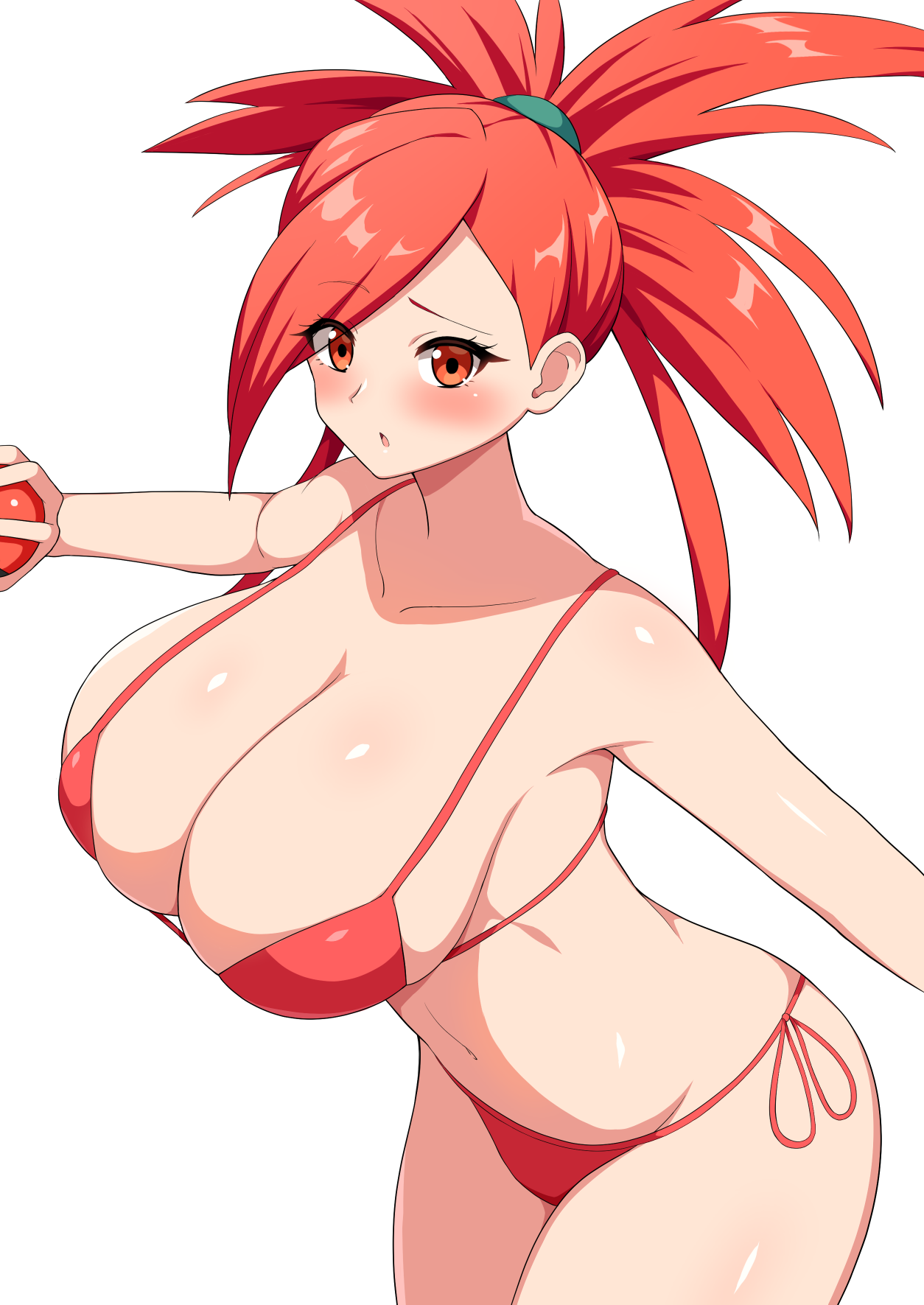 1girls, aikome (haikome), alternate breast size, big breasts, bikini, blush, breasts, embarrassed, eye contact, female, flannery (pokemon), haikome, holding object, holding poke ball, huge breasts, large breasts, long hair, looking at viewer, micro bikini, nintendo, pokeball, pokemon, pokemon rse, ponytail, pose, red eyes, red hair, solo, standing, thick thighs, thighs, white background