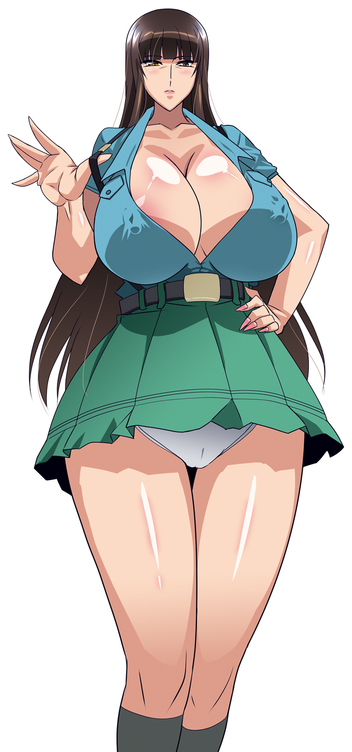 1girls breasts brown_hair cleavage cover_page covered_nipples girls_und_panzer hand_on_hip huge_ass huge_breasts long_hair looking_at_viewer milf nishizumi_shiho panties plain_background raisuta school_uniform simple_background skimpy skimpy_clothes skin_tight skirt solo solo_female upskirt voluptuous white_background