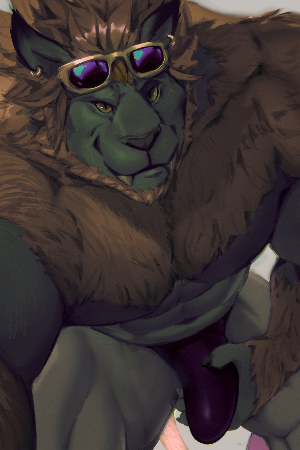 2020 abs amber_eyes anthro beard biceps bulge claws close-up clothed clothing detailed ear_piercing ear_ring erection eyewear eyewear_on_head facial_hair fangs felid final_fantasy final_fantasy_xiv fur genitals grin hi_res holding_penis hrothgar looking_at_viewer male male_only mammal muscular muscular_anthro muscular_male pecs penis piercing quads sharp_teeth skimpy smile solo speedo square_enix sunglasses sunglasses_on_head swimwear taoren teeth video_games