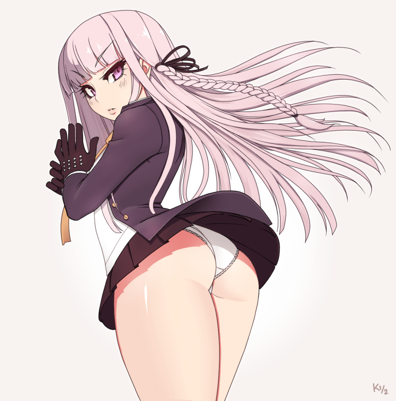 1girls, annoyed, ass, big ass, braided hair, danganronpa, danganronpa 1, danganronpa: trigger happy havoc, female, female only, gloves, kirigiri kyoko, lilac hair, long hair, looking back, miniskirt, necktie, panties, pantyshot, pleated skirt, purple eyes, school uniform, short skirt, skirt, skirt lift, solo, straight hair, thick thighs, upskirt, white background, white panties