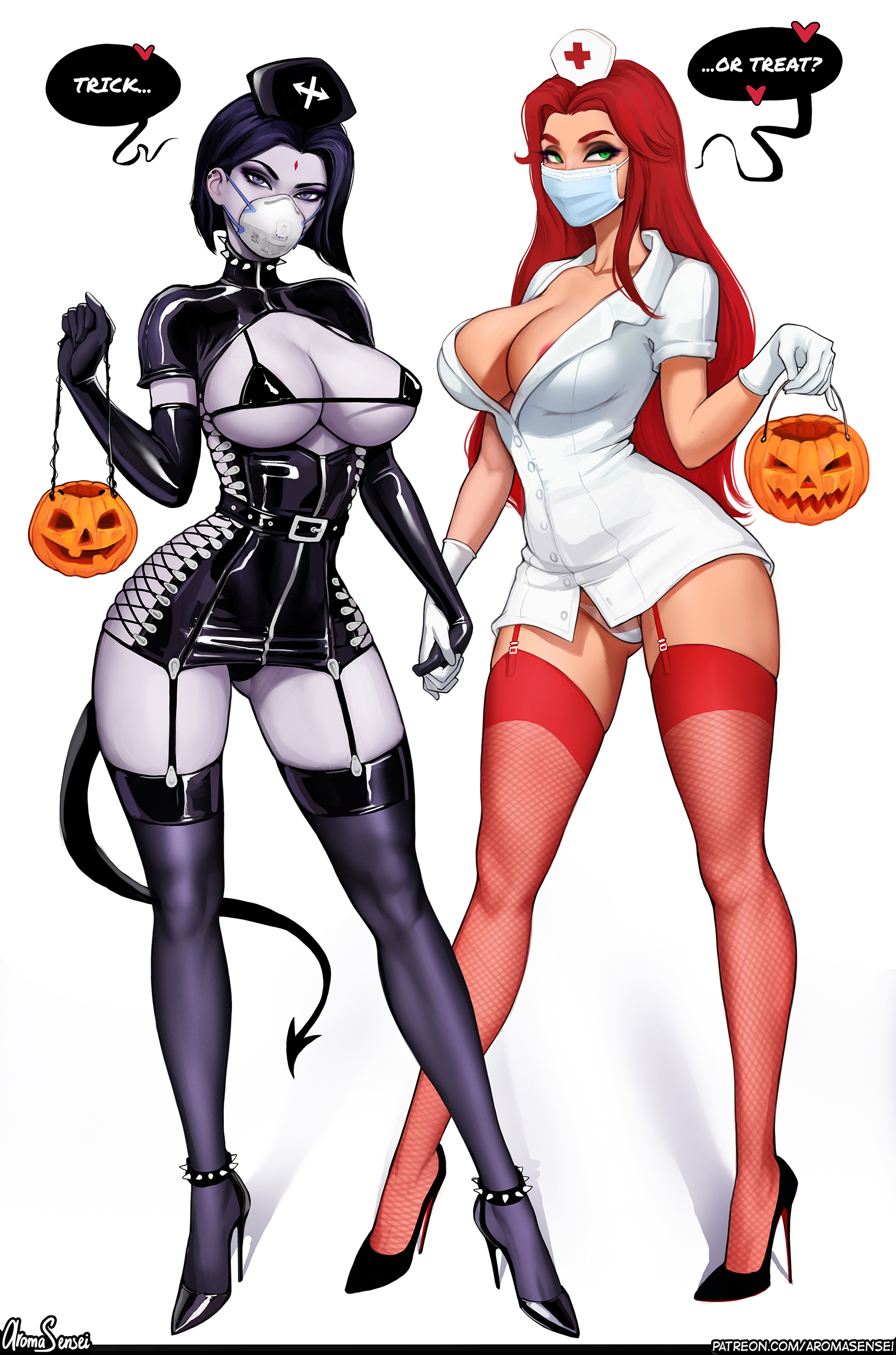 2girls, areola slip, aroma sensei, big breasts, breastless clothes, breasts, cleavage, dc, dc comics, dress, facemask, female, female only, full body, garter straps, gloves, green eyes, green skin, halloween, halloween costume, hand holding, heels, large breasts, latex, looking at viewer, multiple females, multiple girls, nurse, nurse cap, nurse uniform, offscreen character, pale skin, panties, purple eyes, purple hair, raven (dc), red hair, revealing clothes, signature, speech bubble, standing, starfire, straight hair, teen titans, text, thighhighs, trick or treat, white background