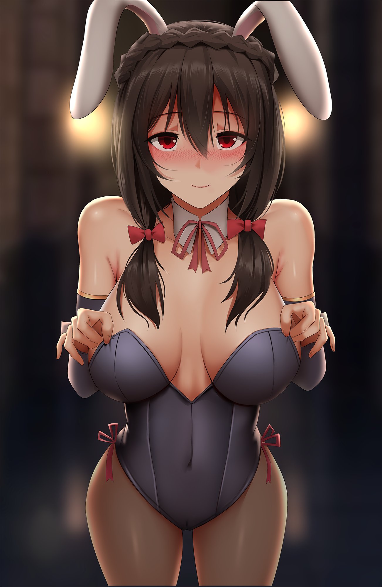 big breasts, black hair, blush, breasts, bunny costume, bunny ears, bunny girl, bunnysuit, cameltoe, female, ginhaha, hairbow, human, kono subarashii sekai ni shukufuku wo!, leotard, long hair, looking at viewer, navel, pantyhose, pussy, red eyes, smile, smiling, solo, solo female, twin braids, yunyun (konosuba)