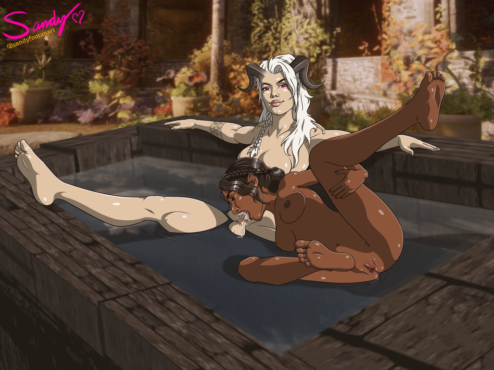 1futa, 1girls, 2d, areolae, ayalet nihazi, barefoot, bath, bathing, breasts, casual, dark skin, dark-skinned female, dickgirl, dragon age, dragon age inquisition, erection, feet, fellatio, female, foot fetish, futa on female, futadom, futanari, interracial, intersex, josephine montilyet, looking at viewer, nipples, nude, oral, pale-skinned futa, penis, pussy, qunari, qunari female, sandyfootanari, toes