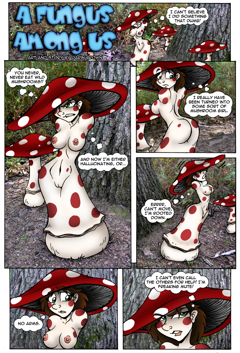 after_transformation anthro armless ass breasts brown_hair comic elemental_creature elemental_humanoid english_text female fungi_fauna fungi_humanoid fungus genitals hair hi_res humanoid mute naga_(artist) nipples nude outside photo_background pussy solo spots spotted_body text