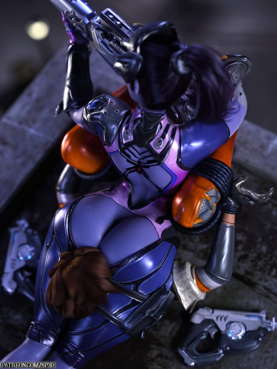 3d, bondage, facesitting, female, femdom, head between thighs, headscissor, overwatch, squarepeg3d, tagme, thick thighs, tracer, widowmaker