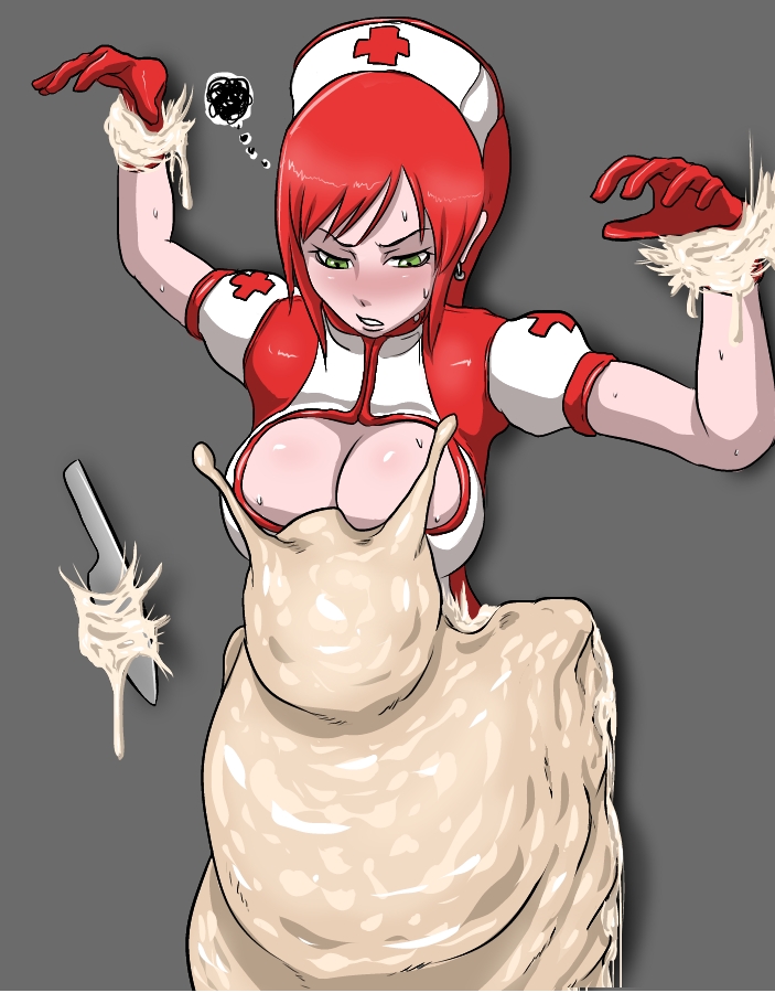 bhm_(artist) big_breasts blush bondage bound clothing female female_only knife monster nurse red_hair restrained slime slug vore zoophilia