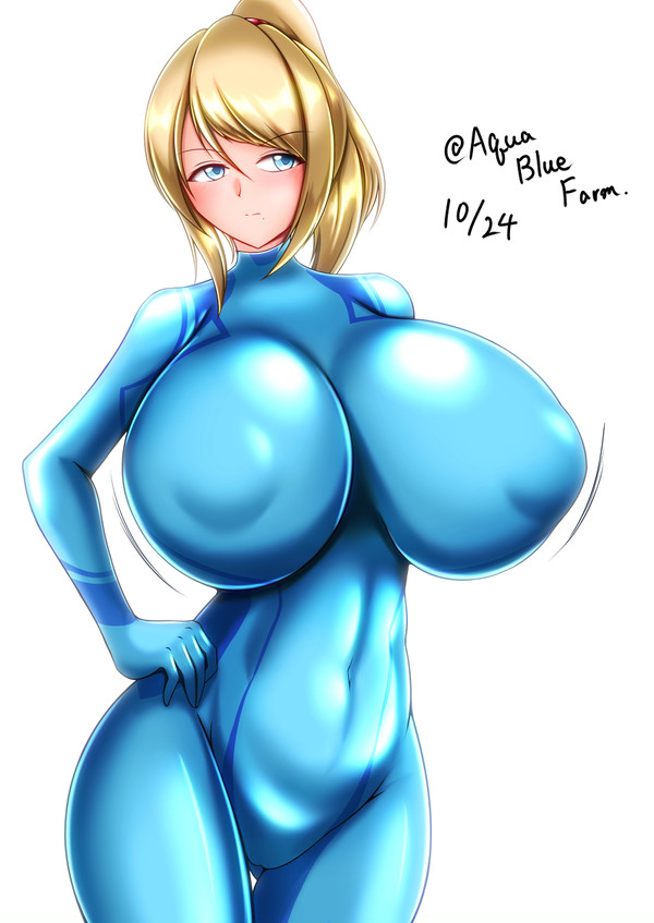 1girls, alternate breast size, areola bulge, big breasts, blonde hair, breasts, breasts bigger than head, female, female only, huge breasts, human, large breasts, metroid, miz4, nintendo, nipple bulge, nipples, samus aran, skin tight, solo, solo female, thin waist, tight, tight clothing, tight fit, top heavy, zero suit, zero suit samus