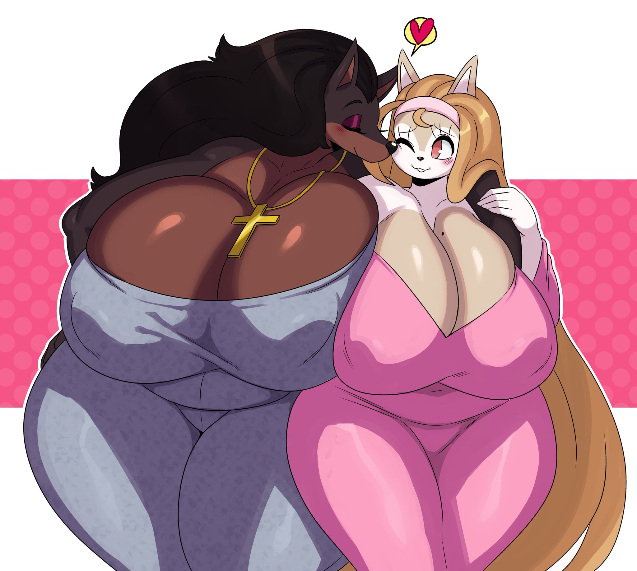 2girls, anthro, big breasts, breasts, canine, curvy, dark hair, dog girl, dress, eyeshadow, female, furry, heart, huge breasts, laverne (sssonic2), long hair, mature female, necklace, nipple bulge, original, sssonic2, wholesome, wide hips, yuri