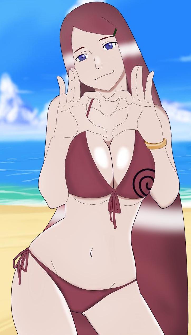 1girls, beach, big breasts, bikini, bracelet, breasts, cleavage, female, female only, heart, heart sign, long hair, looking at viewer, milf, naruto, naruto (series), naruto shippuden, ocean, purple eyes, red hair, sand, smile, swimsuit, uzumaki kushina, very long hair, water