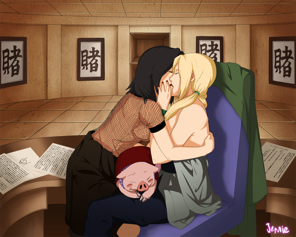 1animal 2girls alternate_hairstyle bare_shoulders bent_over black_hair blonde_hair breasts closed_eyes clothes_removed female female_only fishnet_shirt gaarajamie88 kimono_pull kissing lipstick long_hair lying_on_lap multiple_girls nail_polish naruto naruto_(series) naruto_shippuden office on_chair partially_clothed pig shizune sitting sleeping standing tied_hair tonton tsunade twintails yuri