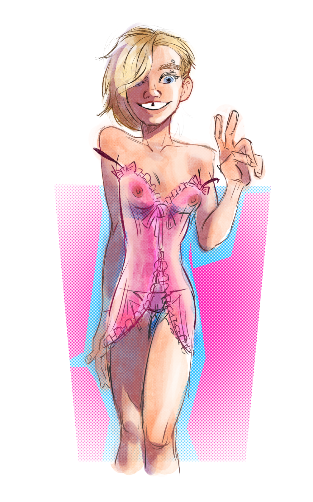 areolae, asymmetrical hair, athletic, athletic female, bare legs, bare shoulders, blonde hair, blue eyes, breasts, buckteeth, cameltoe, eyebrow piercing, female, female focus, female only, gwen stacy, gwen stacy (spider-verse), hostilemark, lingerie, marvel, marvel comics, nightgown, nipples, panties, piercing, pose, posing, pussy, see-through, see-through clothing, sex, short hair, small breasts, solo, spider-gwen, spider-man (series), spider-man: into the spider-verse, tagme, v sign