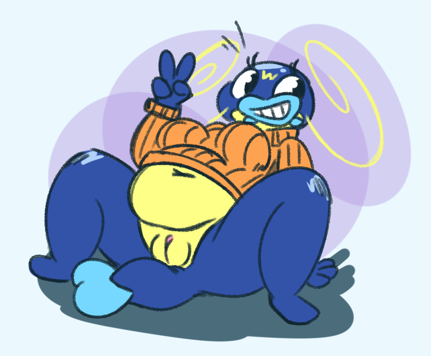 2019 anthro belly blue_body bottomless breasts cathy_(junktrashman) clothed clothing female fish front_view genitals gesture grin junktrashman marine nintendo non-mammal_breasts orange_clothing orange_sweater orange_topwear overweight overweight_anthro overweight_female plump_labia pokémon_(species) pokemon pussy reclining smile solo spread_legs spreading sweater topwear v_sign video_games whiscash