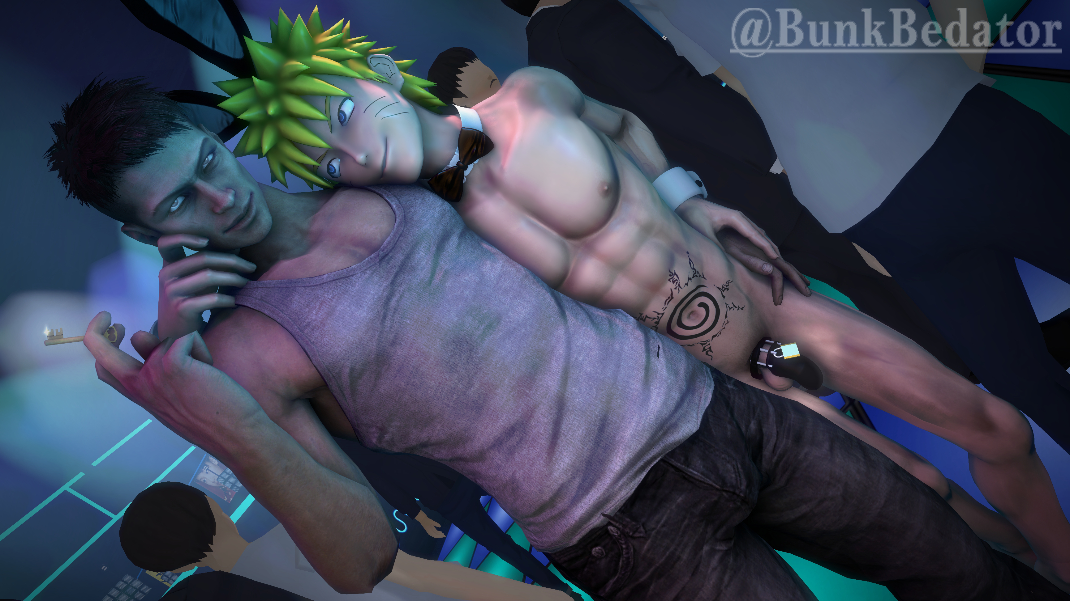 abs, black eyes, black hair, blonde hair, blue eyes, body markings, bowtie, bunkbedator, chastity cage, clothed, clothing, club, collar, crossover, cuffs, dante (dmc: devil may cry), devil may cry (series), dmc devil may cry, dmc: devil may cry, faceless male, fully clothed, gay, hand holding, hand on hip, head on shoulder, holding hands, indoors, jeans, key, light skin, light-skinned male, male, male focus, male only, male/male, multiple boys, multiple males, naruto, naruto (series), naruto shippuden, pale skin, pale-skinned male, penis, short hair, sleeveless, sleeveless shirt, small penis, standing, tank top, tie, tiny penis, twink, uzumaki naruto, whisker markings, whiskers, wrist cuffs, yaoi, yellow hair