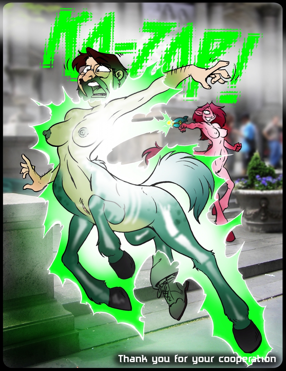 beard boots breasts centaur clothing duo equid equid_taur eyewear facial_hair female footwear genitals glasses hair hi_res hooves mammal mammal_taur naga_(artist) nipples nude open_mouth photo_background pussy red_hair shocked smile taur text transformation