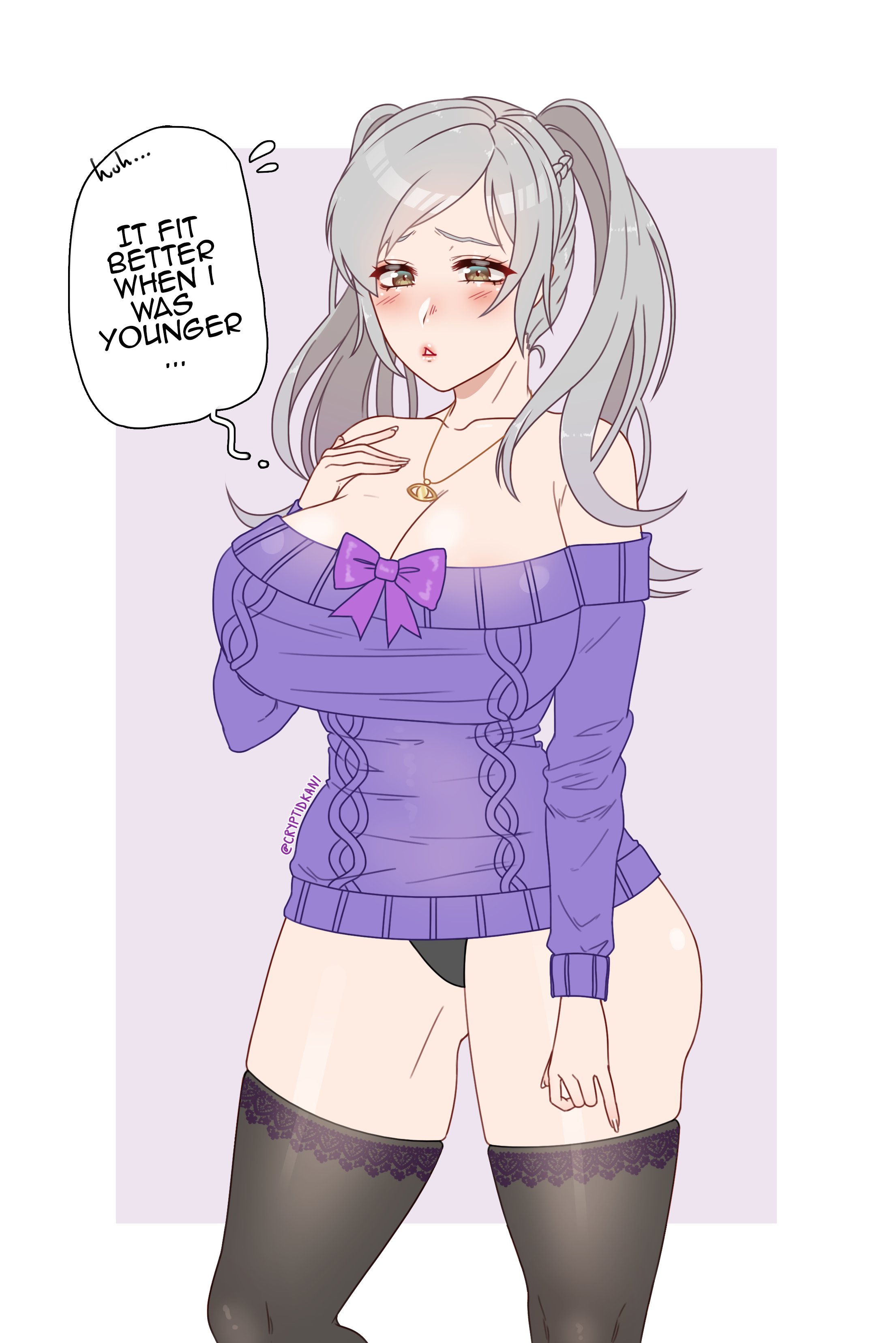 1girls, bare shoulders, big breasts, black panties, blush, bow, breasts, brown eyes, cleavage, clothed, cryptid crab, english text, female, fire emblem, fire emblem awakening, grey hair, huge breasts, large breasts, milf, nintendo, panties, pantyshot, purple sweater, robin (fire emblem), robin (fire emblem) (female), small clothes, solo, solo female, stockings, sweater, text, thighhighs, twintails