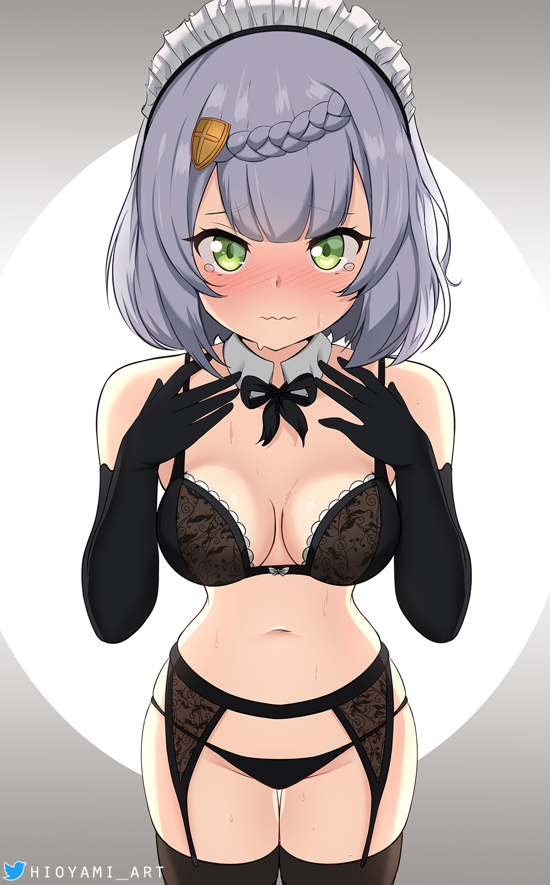 1girls, black bra, black panties, blush, bra, breasts, clothed, clothed female, embarrassed, female, female only, garter belt, garter straps, genshin impact, green eyes, hi res, hioyami, lingerie, looking at viewer, medium breasts, noelle (genshin impact), panties, see-through, short hair, shy, silver hair, simple background, solo, solo female, sweat, tears, thighhighs, wavy mouth, wide hips
