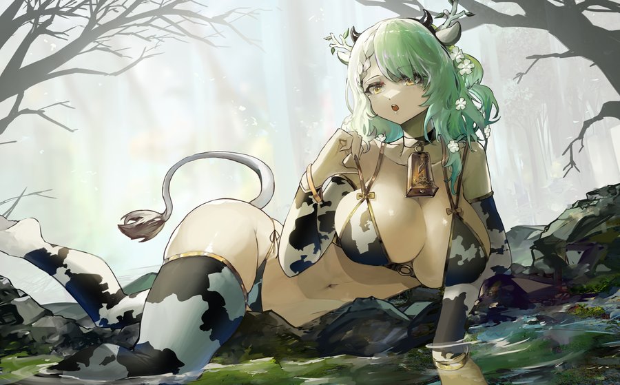 animal_ears animal_print antlers aqua_nails bell bikini black_choker blush border bow braid branch breasts bridal_gauntlets ceres_fauna choker cow_bikini cow_ears cow_print cowbell female gluteal_fold green_hair groin hair_flower hair_ornament hairbow highres hololive hololive_english hololive_english_-council- hololive_english_-promise- large_breasts leaf looking_at_viewer milk_carton mole nail_polish neck_bell print_bikini print_legwear red_bow solo stomach swimsuit thighhighs thighs virtual_youtuber vyragami yellow_eyes