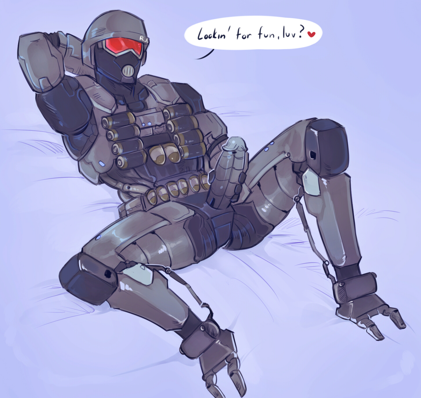 1boy, big penis, character request, english text, erection, looking at viewer, male, male only, penis, robot, simple background, solo, spread legs, spreading, text, vhkansfweer