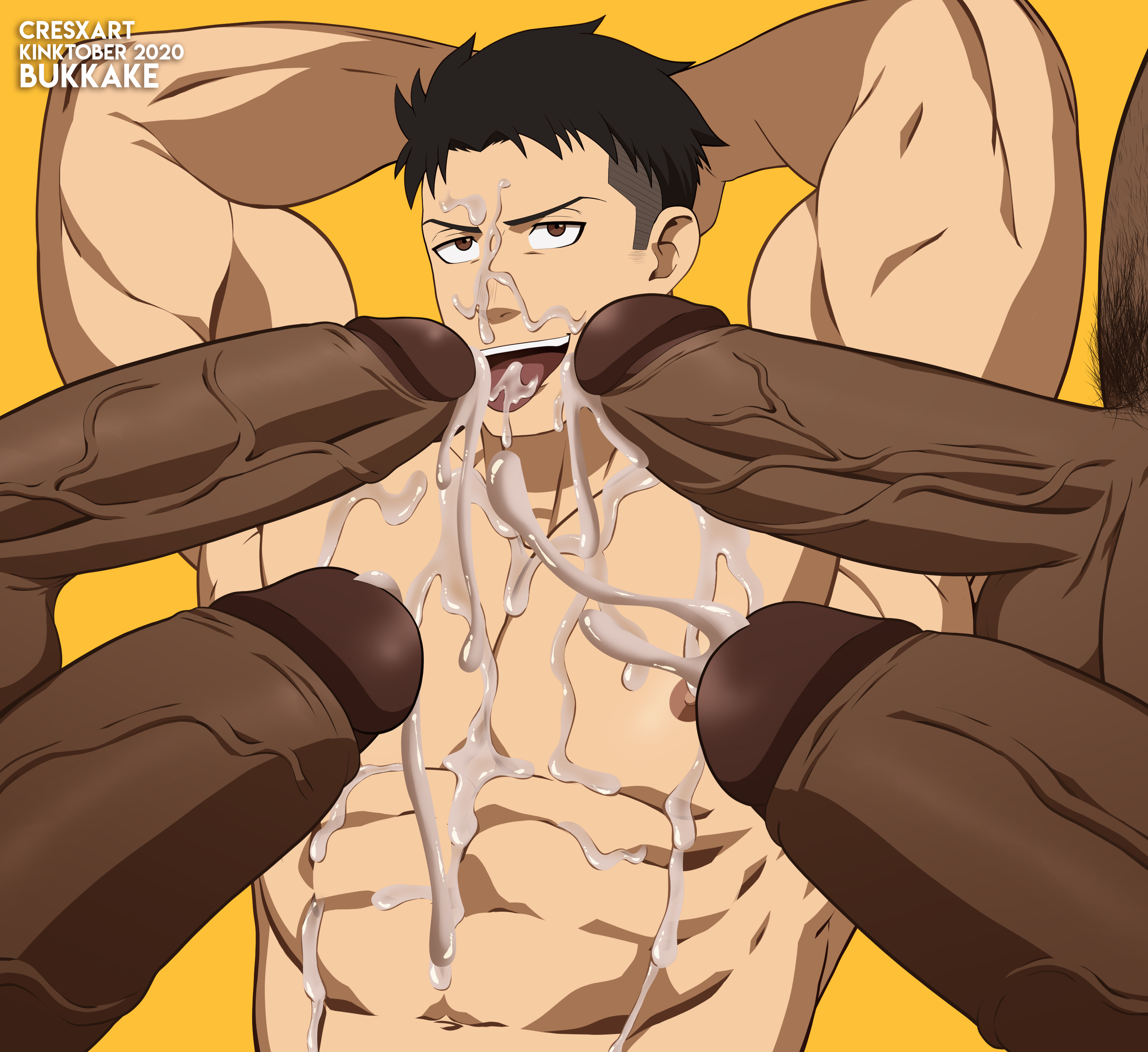 2020, 5boys, abs, absurd res, absurdres, akitaru oubi, areola, areolae, balls, big penis, black hair, brown eyes, bukkake, color, cresxart, crowd, cum, cum on body, cum on face, cumming, dark skin, dark-skinned male, digital media (artwork), enen no shouboutai, fire force, front view, gay, group, hands behind head, hi res, high resolution, highres, interracial, light skin, light-skinned male, looking at viewer, male, male focus, male only, multiple boys, multiple males, multiple penises, muscles, muscular, muscular male, naked, nipples, nude, nude male, pale skin, pale-skinned male, penis, pubes, pubic hair, solo focus, testicles, tongue, tongue out, vein, veins, veiny, veiny penis, yaoi, yellow background