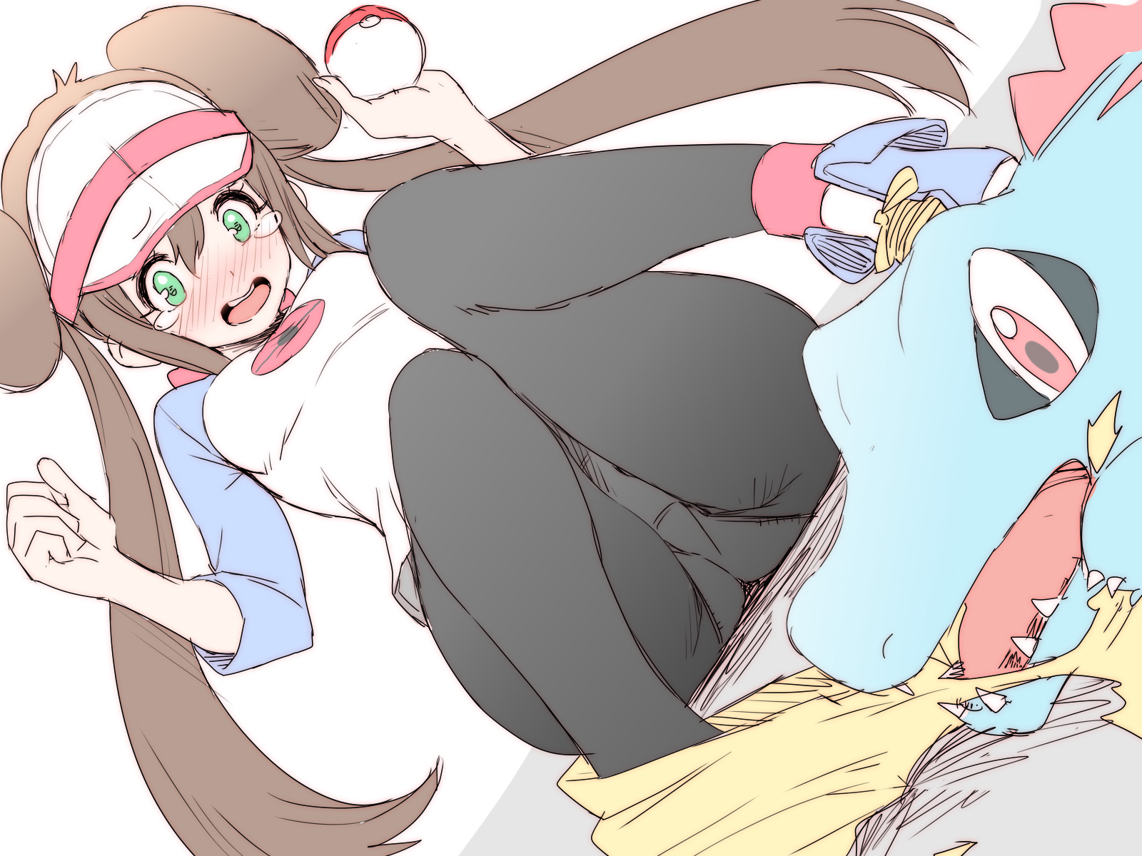 1girls, artist request, ass, blush, brown hair, double bun, embarrassed, female, human, nintendo, panties, pokemon, pokemon bw2, rosa (pokemon), thick thighs, tight clothing, torn skirt, totodile, upskirt, visor cap, wardrobe malfunction