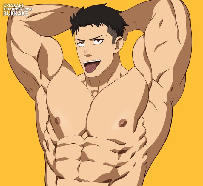 1boy 1male 2020 abs akitaru_oubi areola areolae armpits black_hair brown_eyes color cresxart dark-fire_force digital_media_(artwork) enen_no_shouboutai fire_force front_view hands_behind_head looking_at_viewer male male_focus male_nipples male_only manly muscle muscles muscular muscular_male naked nipples nude nude_male open_mouth pale-skinned_male pale_skin pecs shirtless solo solo_focus solo_male tongue tongue_out yellow_background