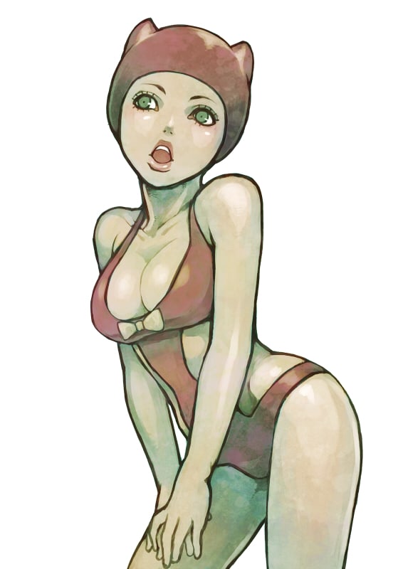 1girl 1girls animal_ears blush breasts chounorin cleavage daiya_higashikata eyelashes fake_animal_ears female green_eyes jojo's_bizarre_adventure jojolion light_blush lips medium_breasts one-piece_swimsuit open_mouth short_hair solo swimsuit