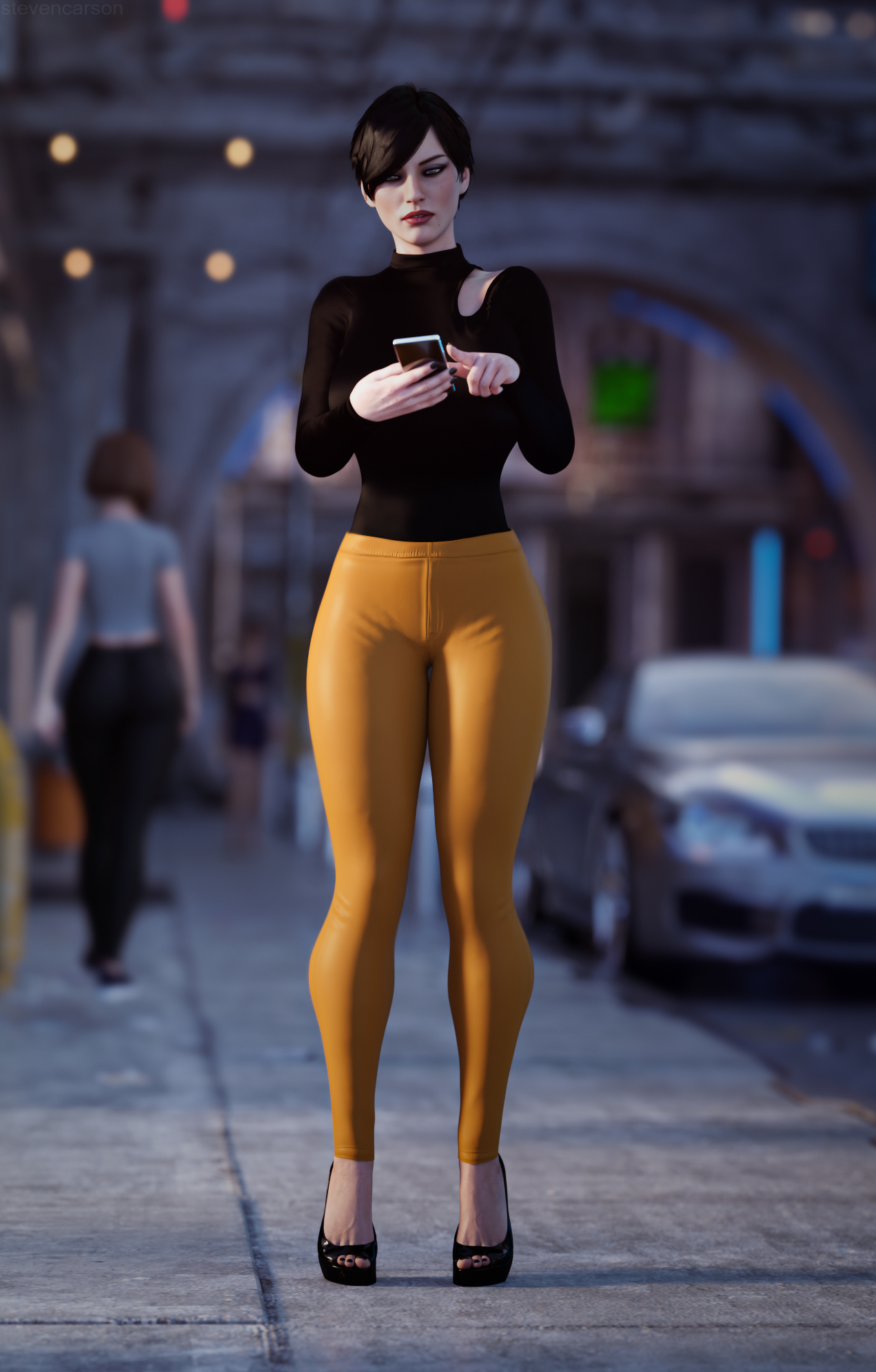 1girls, 3d, black hair, casual, cd projekt red, female, female only, fringilla vigo, high heels, smartphone, solo, solo female, solo focus, standing, stevencarson, tagme, the witcher (series), the witcher 3: wild hunt, tight pants