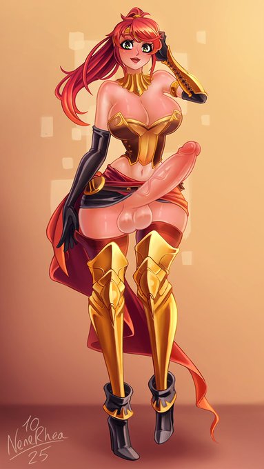 1futa, big breasts, big penis, boots, bottomless skirt, breasts, erection, futa only, futanari, green eyes, high heel boots, high heels, high ponytail, huge cock, intersex, long hair, looking at viewer, nenerhea, penis, ponytail, pyrrha nikos, red hair, rwby, sidelocks, solo futa, thick thighs, veiny penis, wide hips