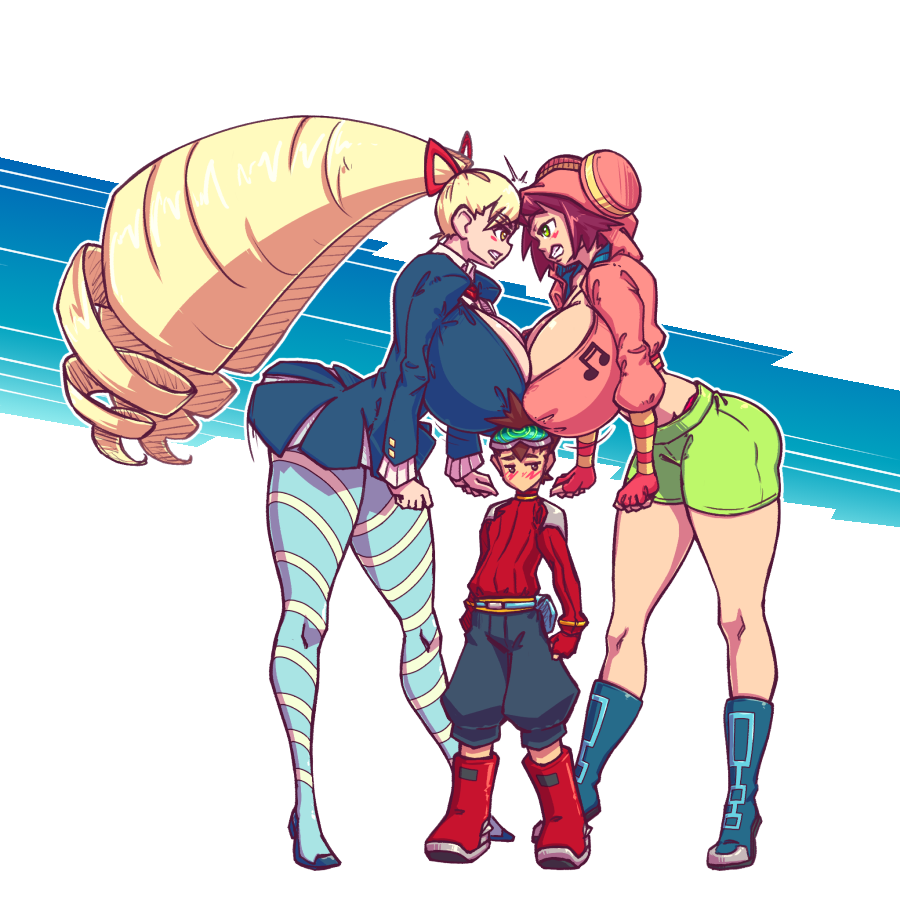 1boy 2girls angry big_ass big_breasts boob_hat color eye_contact geo_stelar huge_ass huge_breasts luna_platz mega_man mega_man_star_force n647 shirogane_luna shorter_male size_difference sonia_strumm tagme taller_female taller_girl thick_thighs voluptuous wide_hips