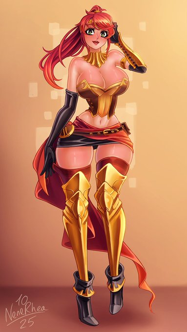 big breasts, boots, breasts, female, green eyes, high heel boots, high heels, high ponytail, long hair, looking at viewer, nenerhea, ponytail, pyrrha nikos, red hair, rwby, sidelocks, skirt, thick thighs, wide hips