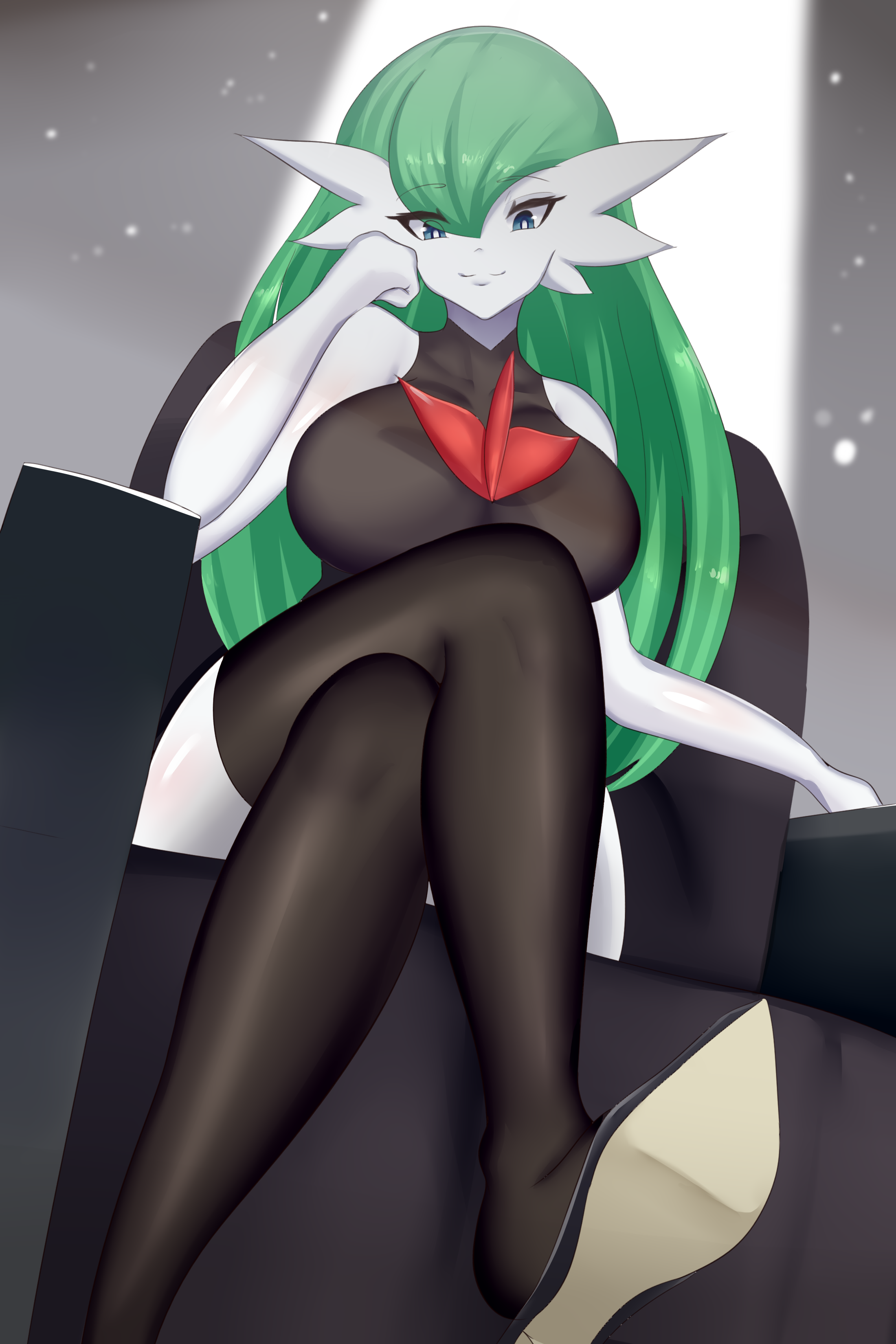 1girls, anthro, big breasts, breasts, female, gardevoir, green eyes, green hair, green skin, high heel boots, large breasts, long hair, looking back, nintendo, pokémon (species), pokemon, pokemon (species), pokemon rse, sana!rpg, solo, thighs, white skin