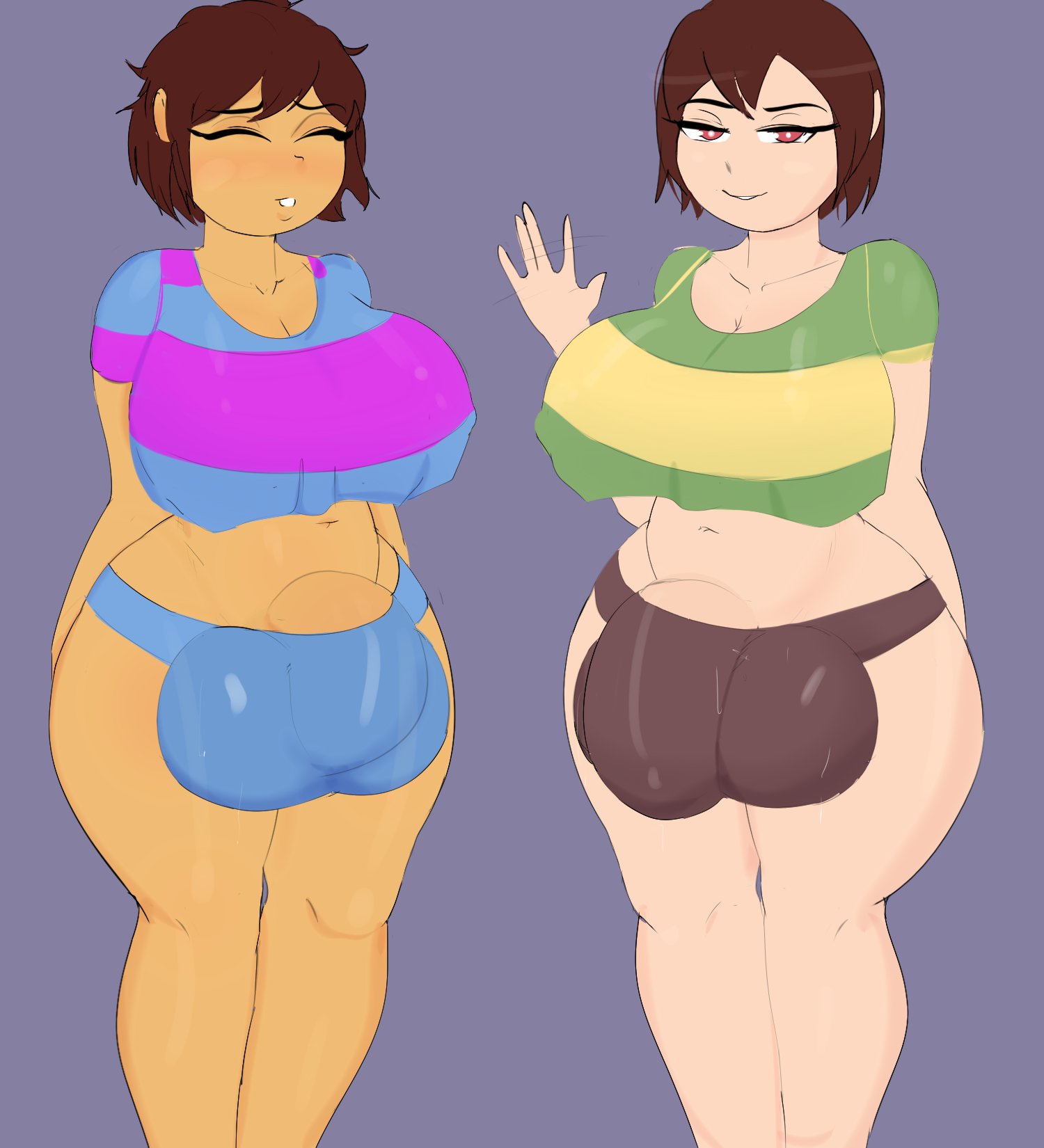 2futas, areolae, balls, big balls, big breasts, breasts, brown hair, bulge, chara, closed eyes, curvy figure, eye contact, female, female chara, female frisk, flaccid, frisk, futa only, futanari, g3mma, huge balls, huge breasts, intersex, large balls, large breasts, large testicles, looking at viewer, male, male chara, male frisk, minishorts, nipples, penis, penis bulge, red eyes, short hair, shorts, standing, testicles, thick thighs, thighs, tight clothing, undertale, undertale (series), wide hips