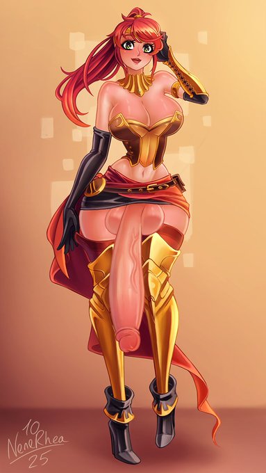 1futa, big breasts, big penis, boots, bottomless skirt, breasts, futa only, futanari, green eyes, half-erect, high heel boots, high heels, high ponytail, huge cock, hyper, hyper penis, intersex, light skin, light-skinned futa, long hair, looking at viewer, nenerhea, penis, ponytail, pyrrha nikos, red hair, rwby, sidelocks, solo, solo futa, thick thighs, wide hips