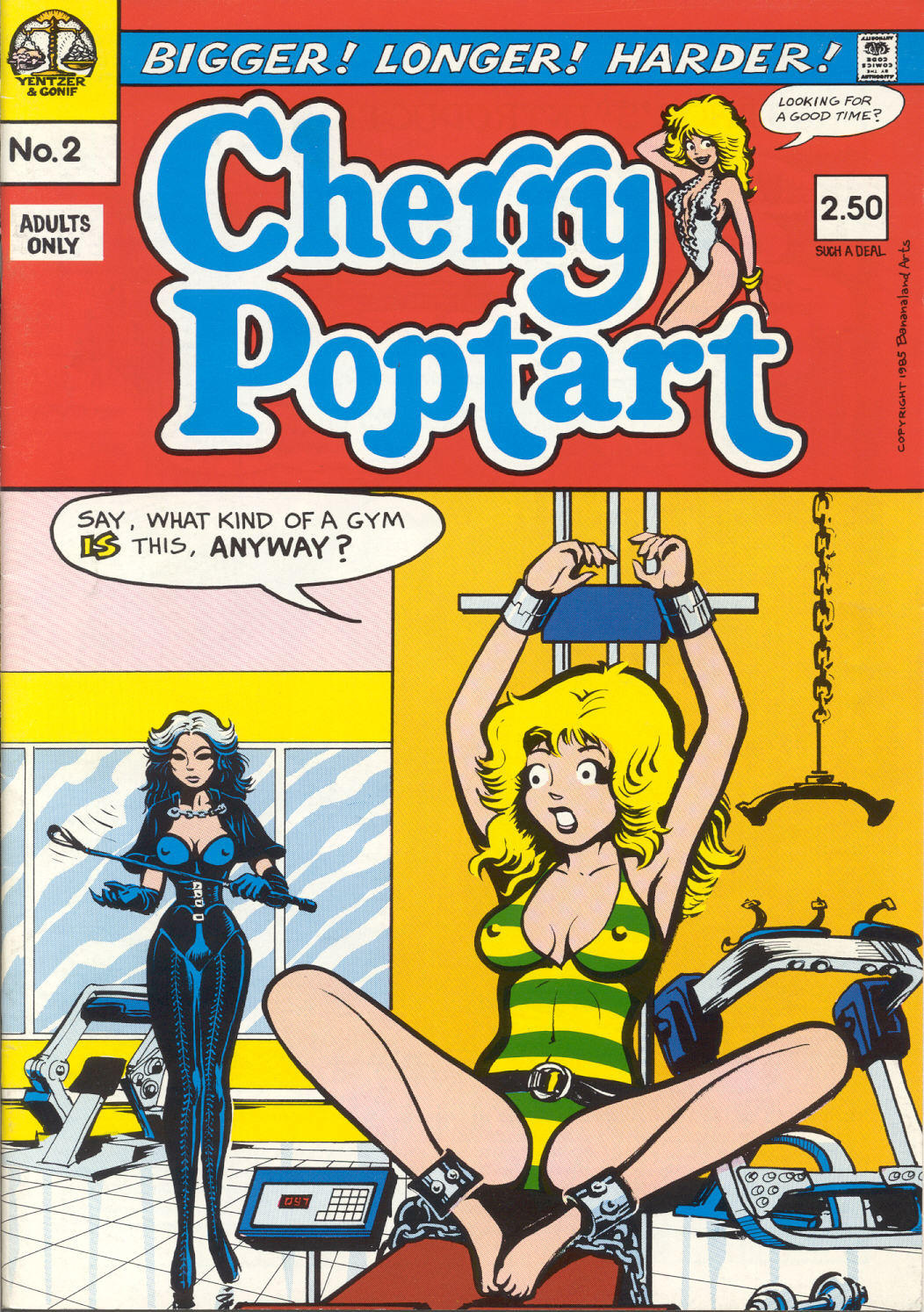 1980s 1985 20th_century 2girls barefoot black_hair blonde_hair bondage breasts chained chains cherry_poptart cherry_poptart_(comic) comic comic_cover dialogue dominant_female dominated dominatrix equipment exercising_equipment female femdom femsub gym gym_clothes gym_clothing gym_uniform larry_welz leather leather_outfit monica_(cherry_poptart) multiple_girls nipples_visible_through_clothing shackles straight_hair weight_bench weights