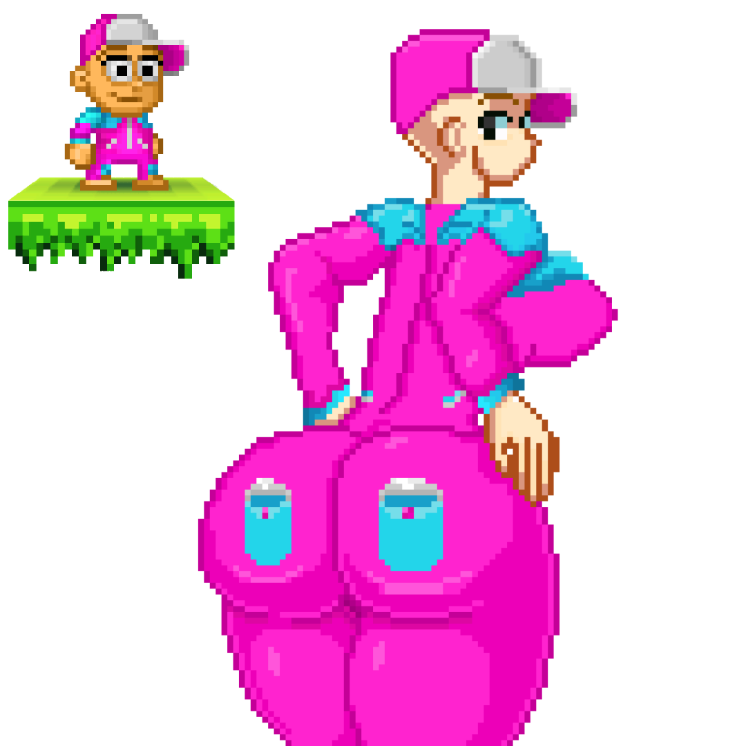 artist_signature backboob cap hat jumpsuit looking_at_viewer pink_jumpsuit pixel_art pixel_worlds scarlessmxxn subject_(pixel_worlds) thick_ass thick_thighs