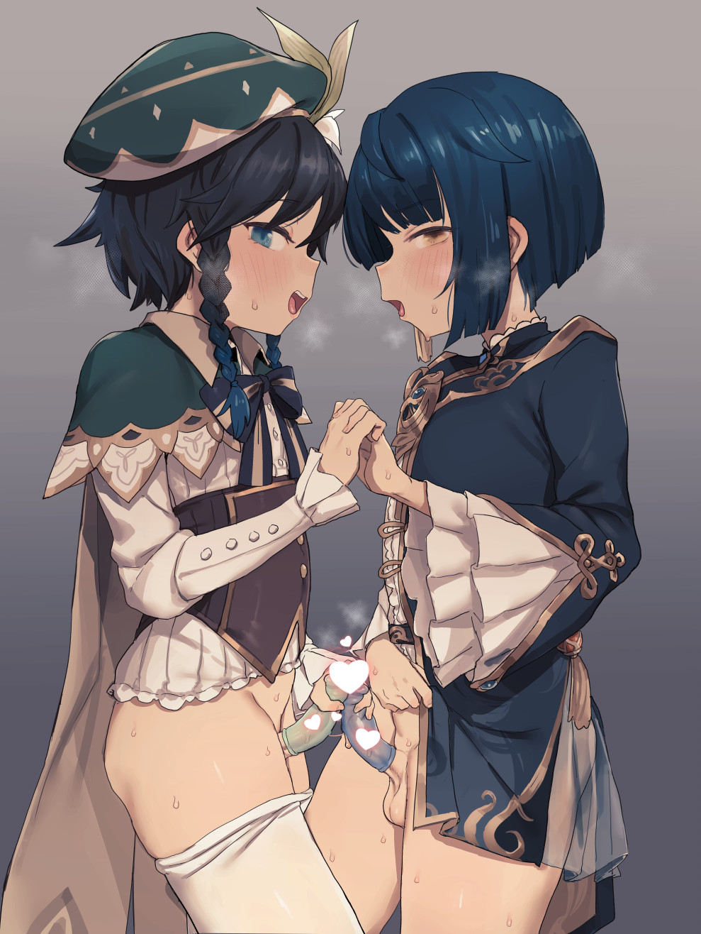 2boys, artist request, blush, censored, condom on penis, femboy, frottage, genshin impact, grabbing penis, looking at viewer, looking to the side, male, male only, penis, steam, steaming body, steamy breath, trap, venti (genshin impact), visible breath, xingqiu (genshin impact)