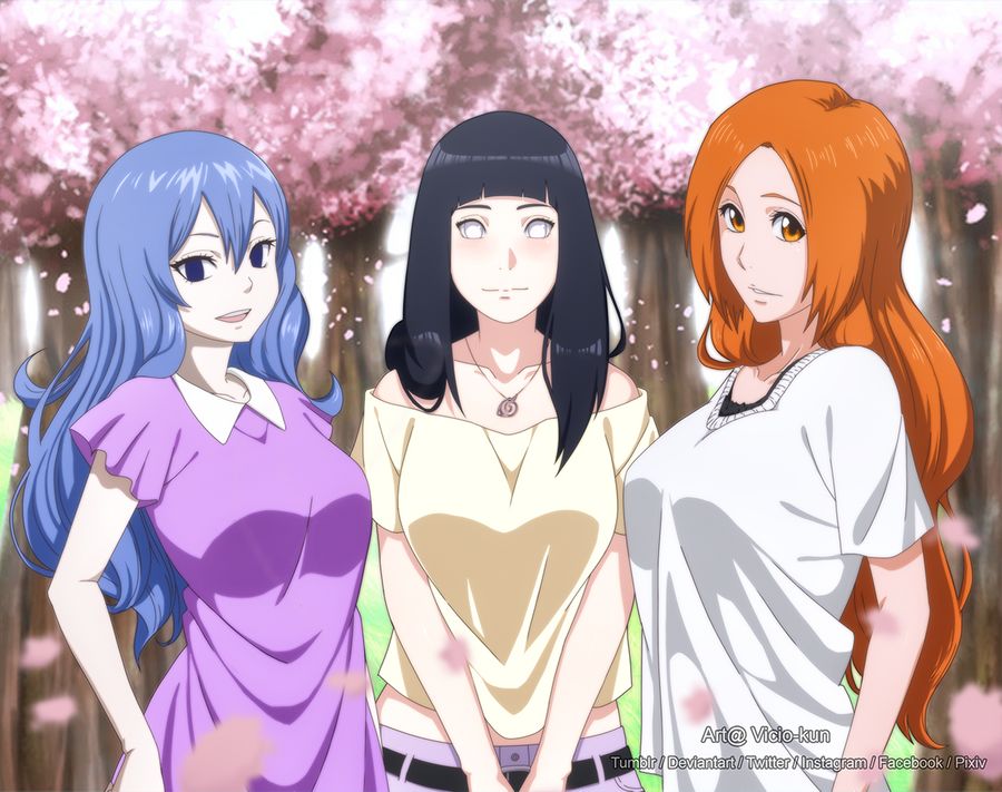 3girls, black hair, black-haired female, bleach, blue hair, blue-haired female, breasts, cherry blossoms, crossover, fairy tail, female, female only, fully clothed, huge breasts, hyuuga hinata, inoue orihime, juvia lockser, looking at viewer, naruto, naruto (series), naruto: the last, orange hair, orange-haired female, shounen jump, vicio-kun