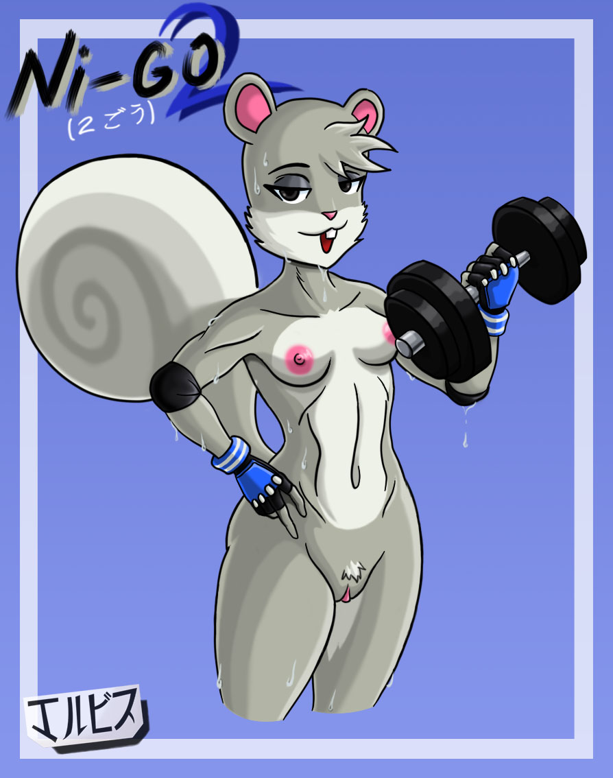 2020 agent_s_(animal_crossing) animal_crossing anthro black_eyes breasts dumbbell exercise fanart female furry gray_fur jackintaro nintendo nipples squirrel squirrel_girl