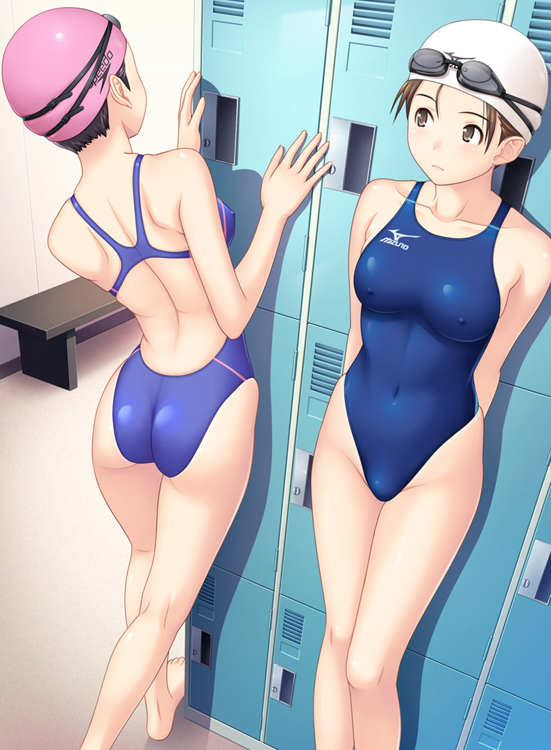 2girls ass black_hair breasts brown_eyes brown_hair female female_focus female_only locker_room nipples_visible_through_clothing nonude one-piece_swimsuit original original_character swimcap swimsuit swimwear 栗飯屋