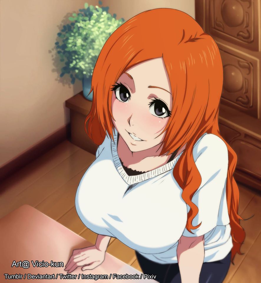 1girls, bleach, breasts, female, female only, huge breasts, inoue orihime, orange hair, shounen jump, solo, solo female, vicio-kun