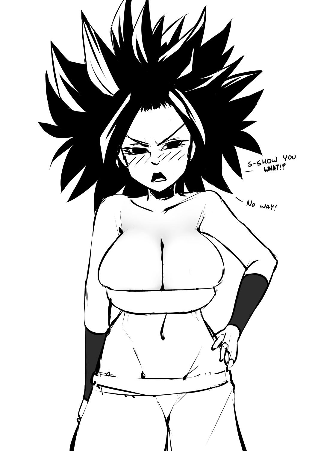 10s 47k barely_clothed barely_contained big_breasts black_eyes black_hair blush breasts caulifla cleavage collarbone dragon_ball dragon_ball_super female female_only highres huge_breasts human large_breasts light-skinned_female light_skin long_hair monochrome saiyan solo solo_female spiky_hair