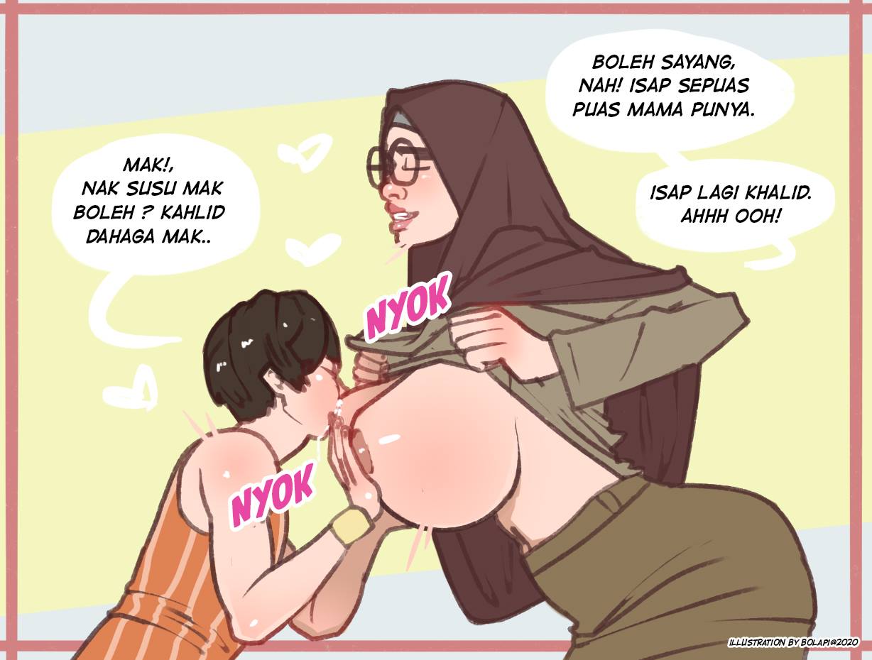 big breasts, bolapistarize, breast grab, breastfeeding, breasts, clothing, female, glasses, hijab, lactation, milf, mother and son, translated