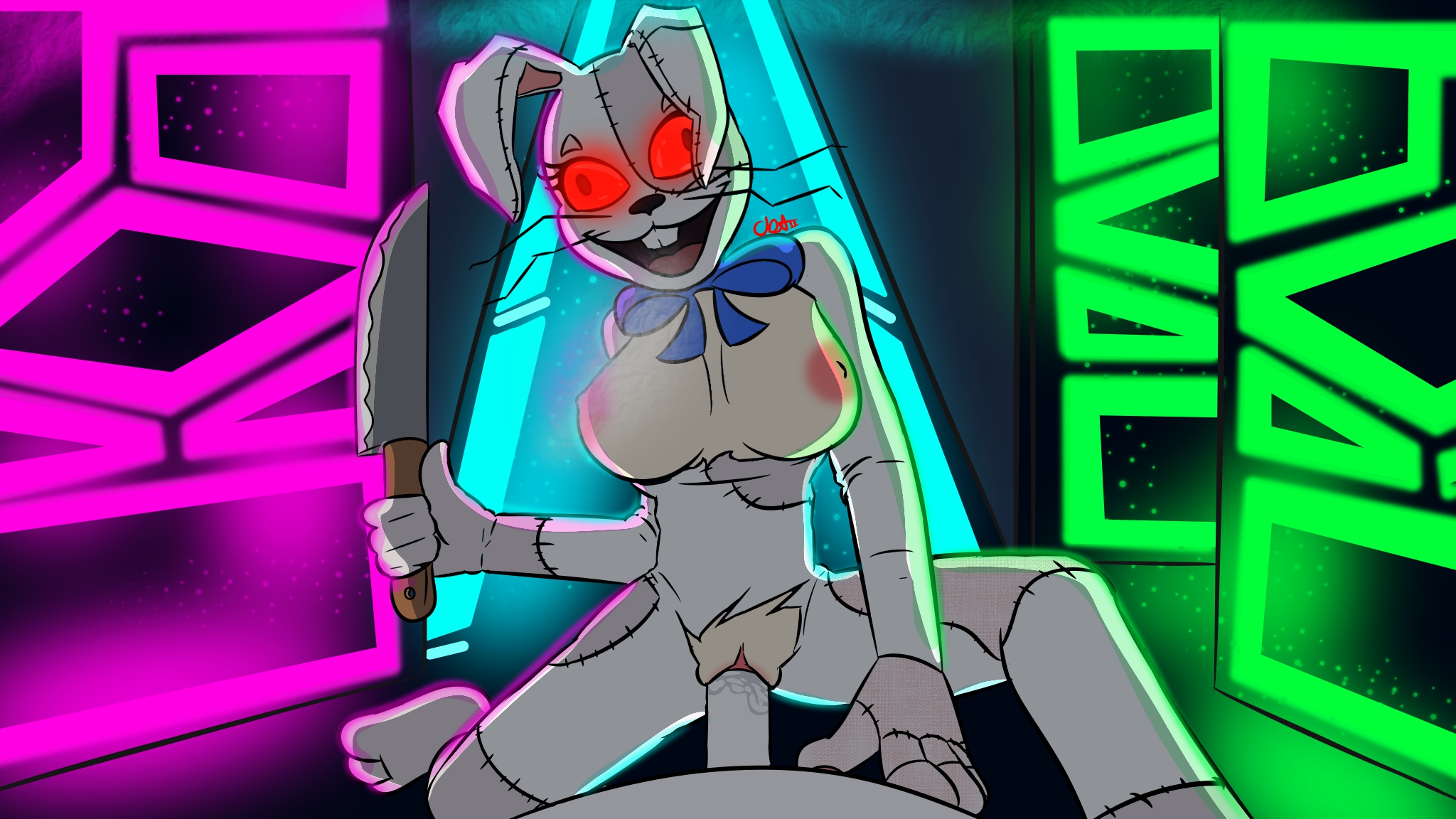 3 toes, anthro, breasts, breasts out, costume, cowgirl position, feet, female, five nights at freddy's, five nights at freddy's: security breach, neon lights, pussy, retro, ripped bodysuit, sex, sos or loss, straight, toes, vanny (fnaf)
