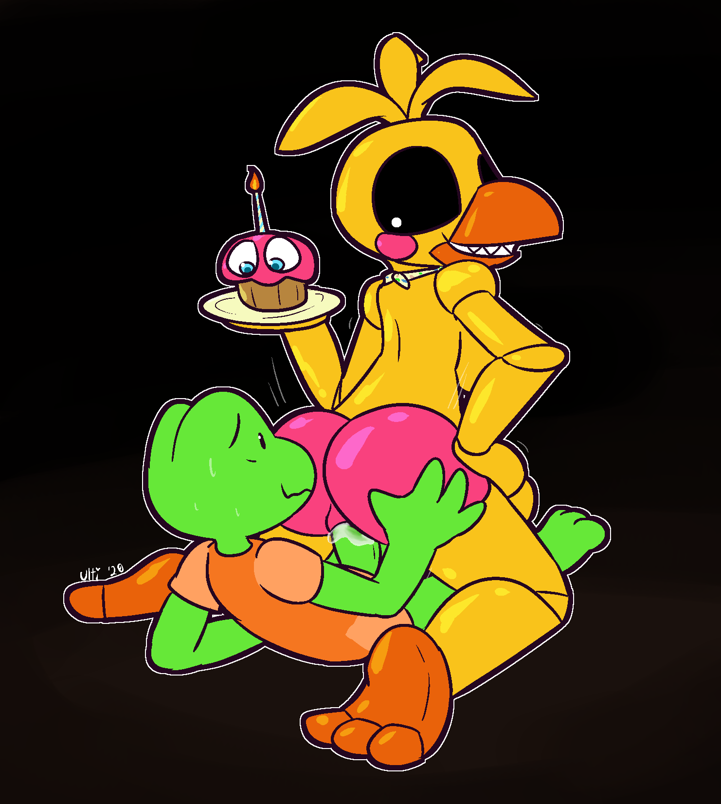 2020 3_toes amphibian animatronic anthro anthro_on_anthro anthro_penetrated anthro_penetrating anthro_penetrating_anthro ass avian beak big_breasts big_butt bird bird_feet black_sclera bottomless breasts butt_grab chicken clothed clothing cupcake_(fnaf) domination female female_domination female_on_top female_penetrated five_nights_at_freddy's five_nights_at_freddy's_2 frog frogdor galliform gallus_(genus) green_body green_skin grin hand_on_butt hand_on_hip hi_res interspecies machine male male_on_bottom male_penetrating male_penetrating_female metallic_body on_bottom on_top orange_beak orange_clothing orange_shirt orange_topwear penetration phasianid pink_body pink_cheeks plate questionable_consent reverse_cowgirl_position robot sex sharp_teeth shirt smile spread_legs spreading straddling straight submissive submissive_male t-shirt teeth toes topwear toy_chica_(fnaf) ultilix video_games white_eyes yellow_body