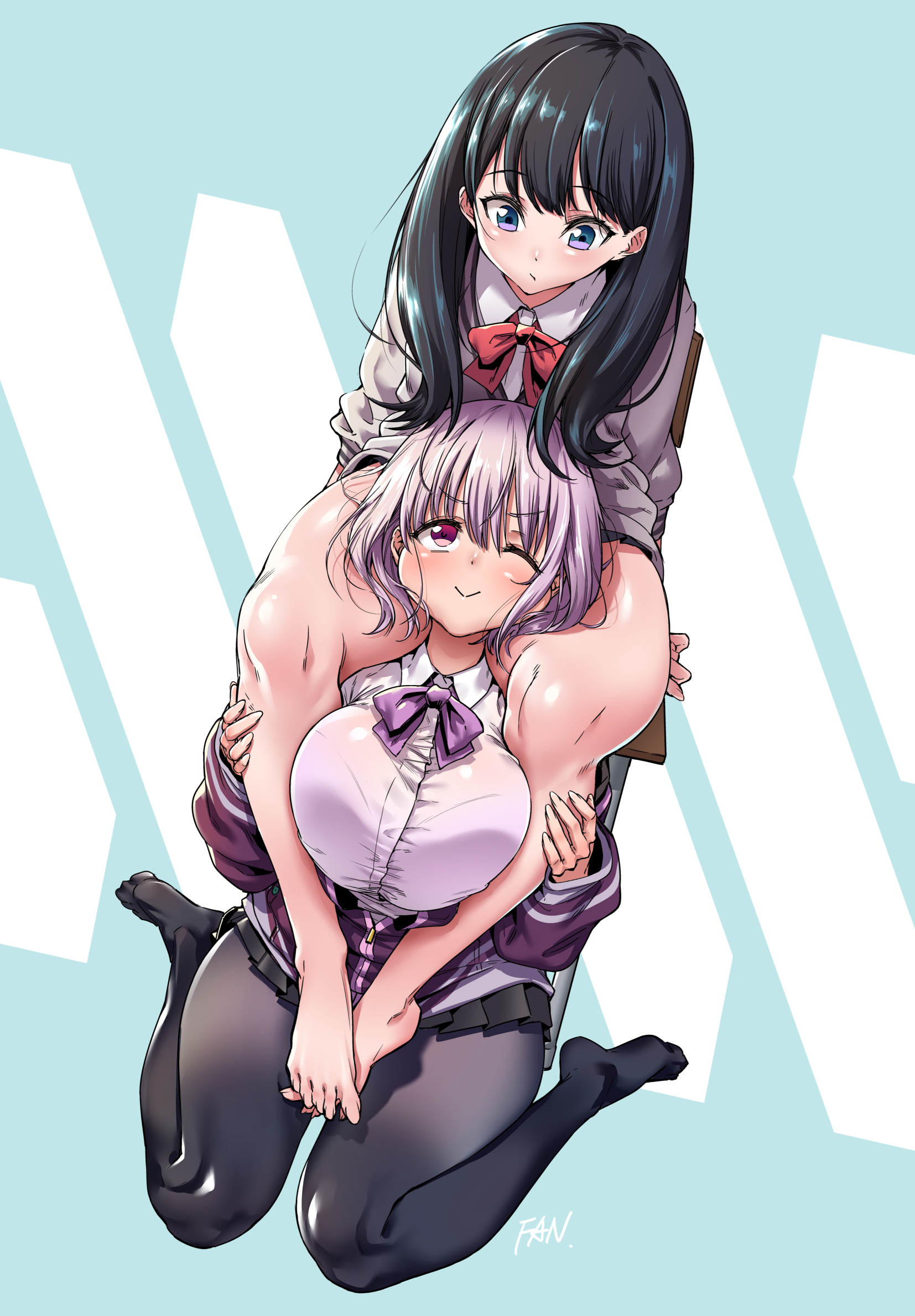 ;), 10s, 2girls, barefoot, between legs, between thighs, black hair, black legwear, black skirt, blue eyes, blush, breasts, cardigan, chair, collared shirt, fan (f.w.zholic), feet, female, head between thighs, highres, hood, hoodie, large breasts, leg lock, legs, long sleeves, looking at another, multiple females, multiple girls, one eye closed, open clothes, pantyhose, pleated skirt, purple eyes, purple hair, red neckwear, school uniform, see-through, shinjou akane, shirt, sitting, sitting on person, skirt, smile, ssss.gridman, takarada rikka, thick thighs, thighs
