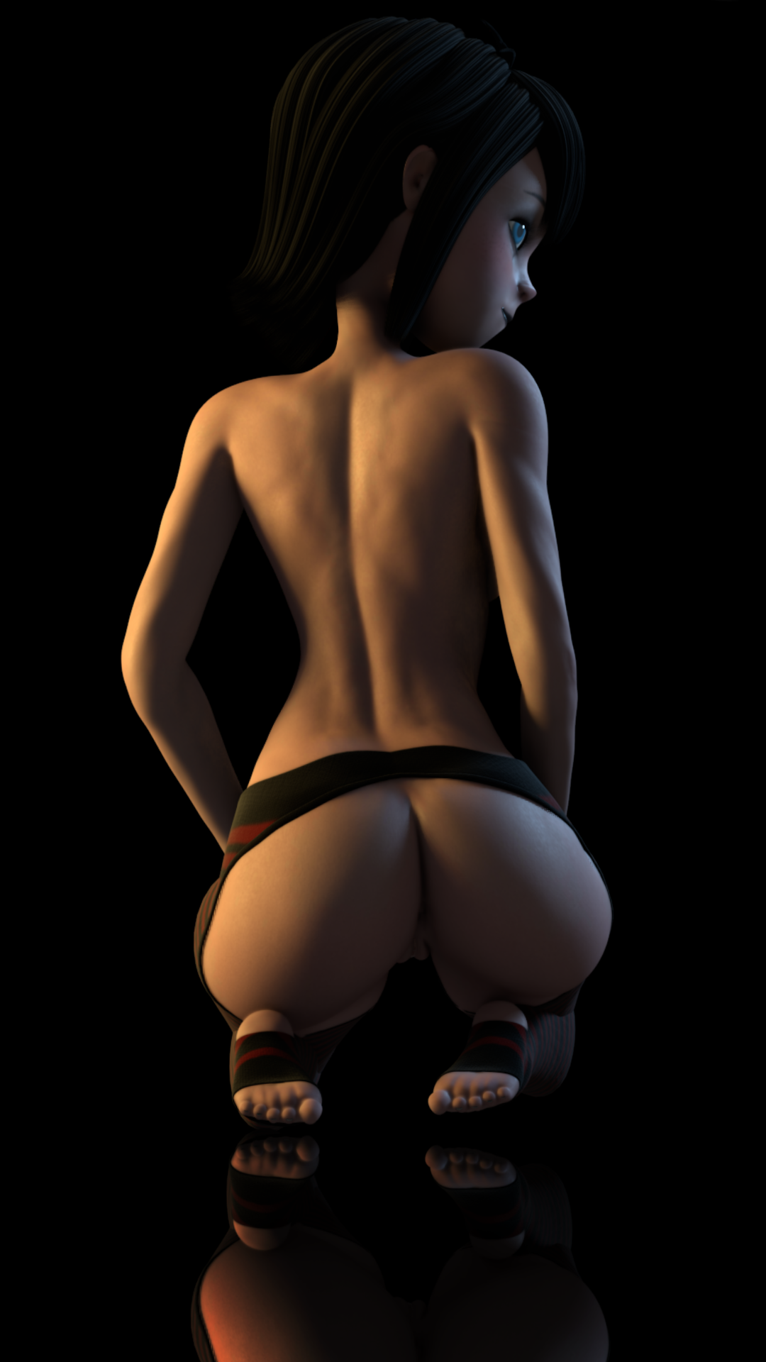 3d, ass, back, back view, big ass, black, black background, black hair, blender, blue eyes, curvy, feet, female, female only, grin, hotel transylvania, light skin, light-skinned female, looking at viewer, looking back, mavis dracula, mavixtious, nude, nude female, pussy, smile, toes, vampire