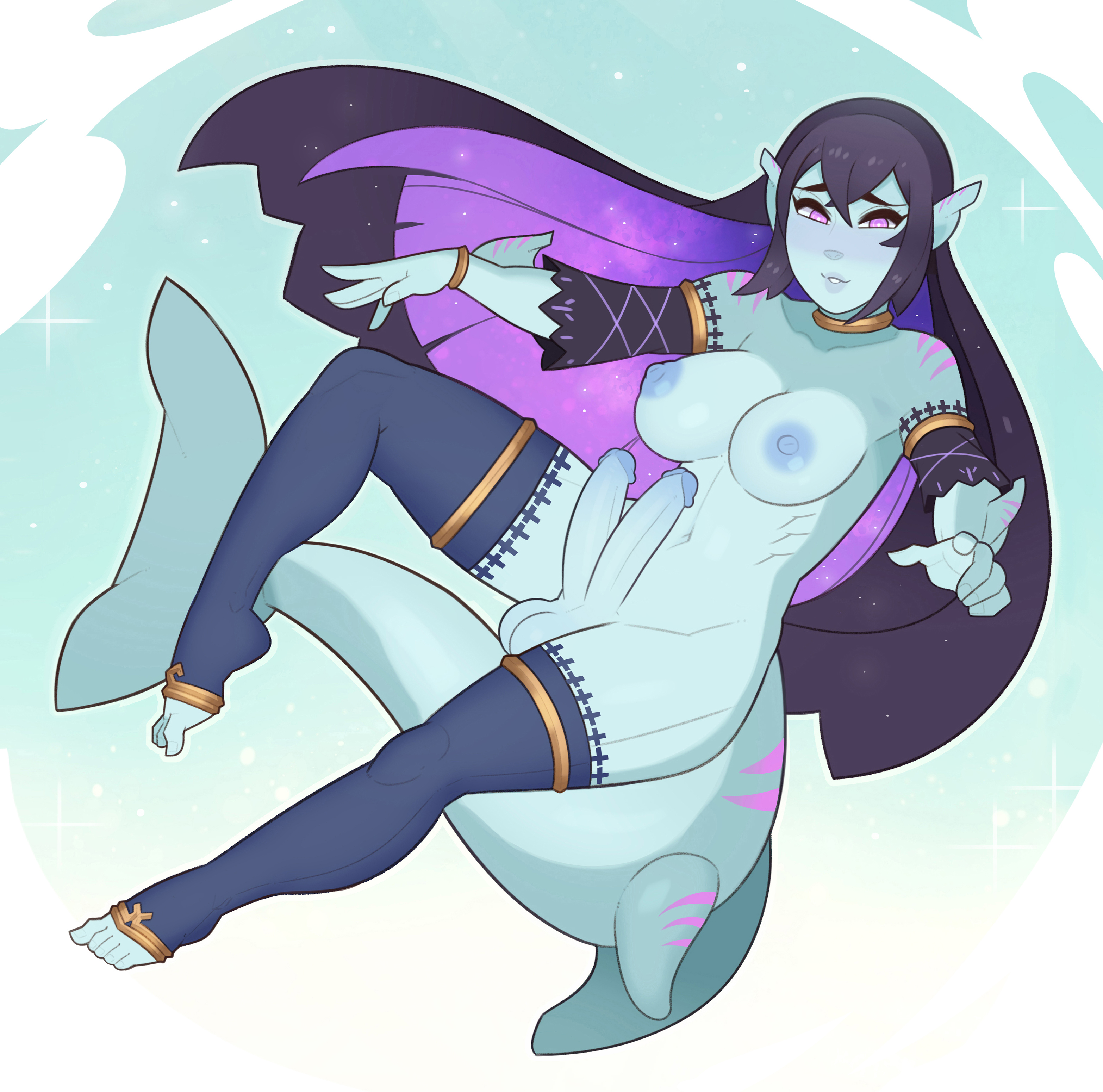1futa, animal humanoid, areolae, balls, blue skin, breasts, detached sleeves, diphallia, diphallism, female, front view, futa only, futanari, humanoid, humanoid penis, intersex, long hair, looking at viewer, monster girl, multi genitalia, multi penis, nipples, penis, shark, shark girl, solo, solo futa, splashbrush, testicles, thighhighs, very long hair