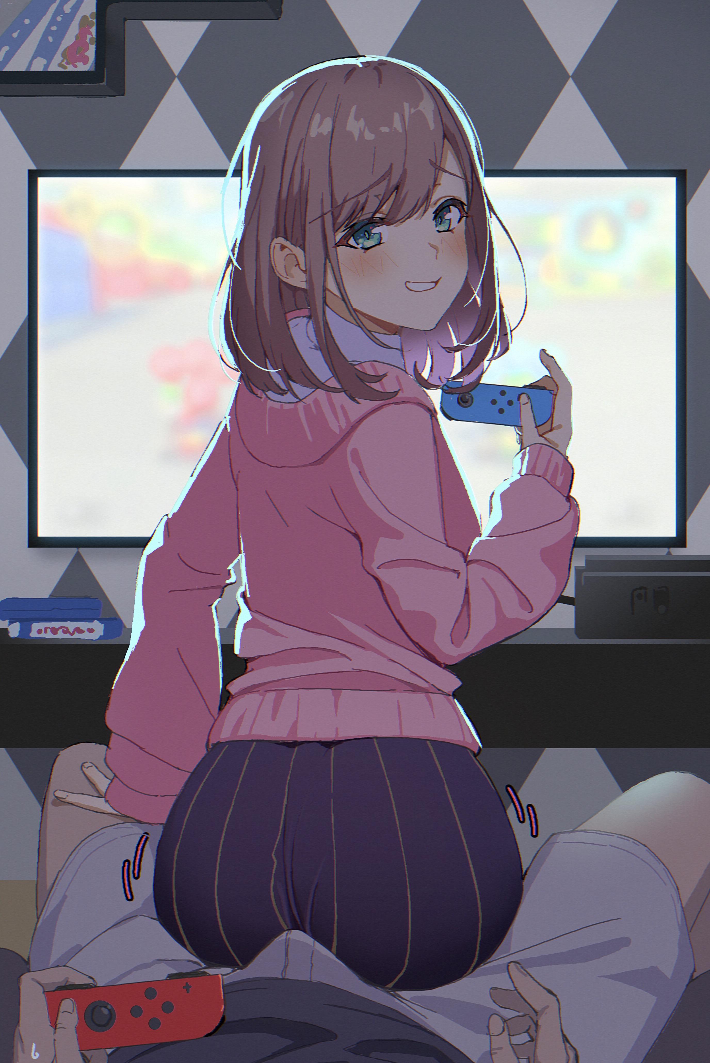 1boy, 1girls, ass, assjob, blue eyes, brown hair, buttjob, clothed, electronics, erection under clothes, female, game console, game controller, grinding, icarus (632247131), light skin, light-skinned female, light-skinned male, looking at viewer, looking back, male, male on female, nijisanji, nintendo, nintendo switch, nintendo switch dock, playing videogame, sitting on person, smiling, straight, suzuhara lulu, television, virtual youtuber