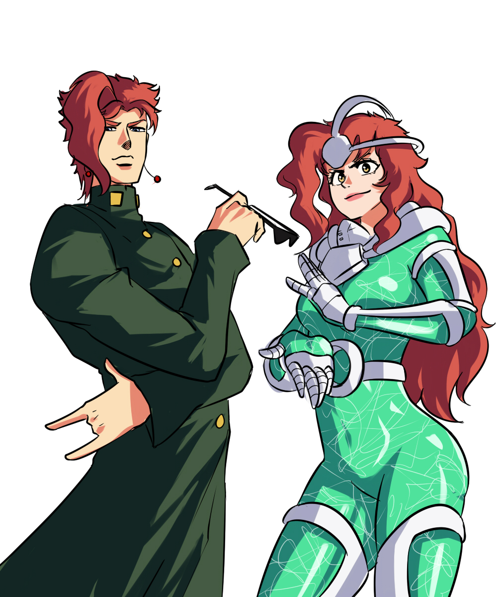 1boy 1boy1girl 1girls earrings female green_body green_clothing hierophant_green humanized jojo's_bizarre_adventure long_hair_female male noriaki_kakyoin pose red_hair red_hair_female red_hair_male rule_63 shades shounen_jump stand_(jjba) stardust_crusaders tinafate1 white_background