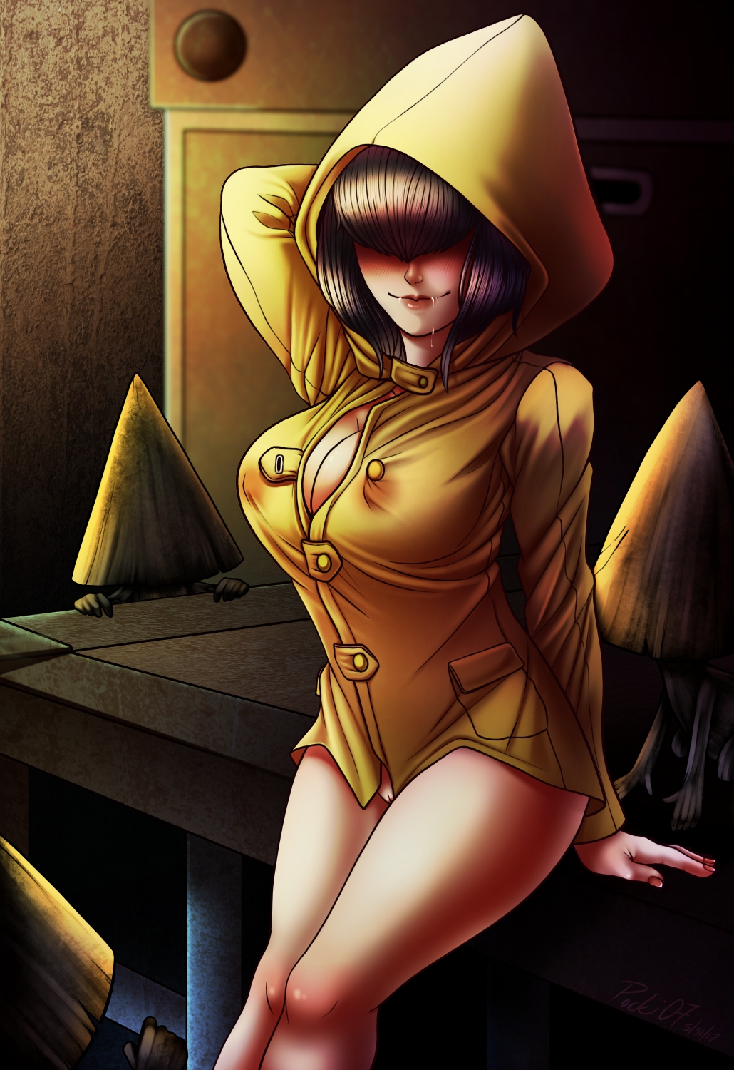 aged_up alternate_version_available cleavage clothing covered_eyes female female_protagonist little_nightmares nome_(little_nightmares) outerwear pussy raincoat six_(little_nightmares)